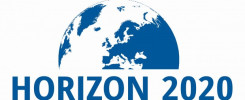 Logo Horizon 2020. Kluczowe obiekty: fragment kuli ziemskiej, tekst "HORIZON 2020".