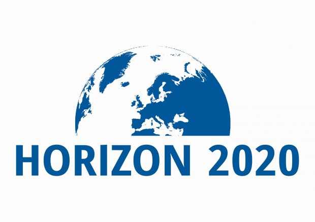 Logo Horizon 2020. Kluczowe obiekty: fragment kuli ziemskiej, tekst "HORIZON 2020".