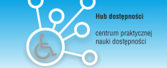 Ikona wózka inwalidzkiego połączona z innymi okręgami. Tekst: "Hub dostępności centrum praktycznej nauki dostępności".