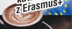 Kawa z Erasmusem. Filiżanka kawy latte art na tle flagi UE.