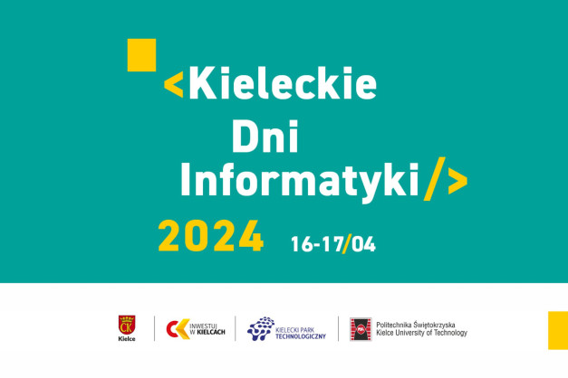 Kieleckie Dni Informatyki 2024, 16-17/04. Logotypy: Kielce, Invest in Kielce, KPT, Politechnika Świętokrzyska.