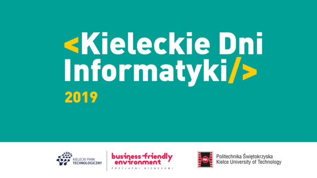 Kieleckie Dni Informatyki 2019. Logo Politechniki Świętokrzyskiej i Kieleckiego Parku Technologicznego.