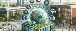 Futurystyczne miasto z zieloną energią. Kluczowe obiekty: Ziemia, ikony technologii, budynki, turbiny wiatrowe.