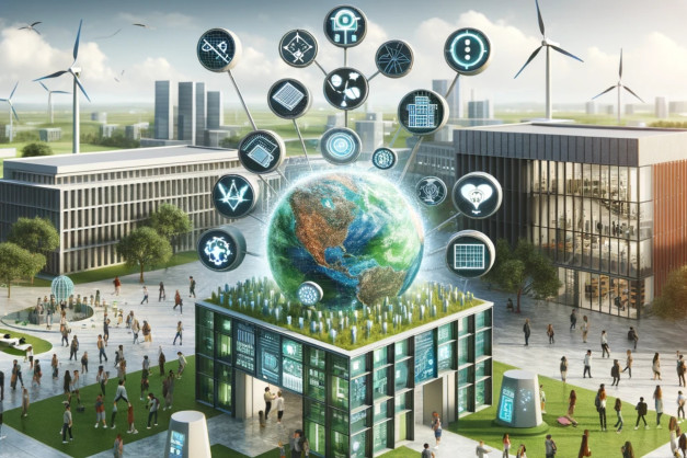 Futurystyczne miasto z zieloną energią. Kluczowe obiekty: Ziemia, ikony technologii, budynki, turbiny wiatrowe.