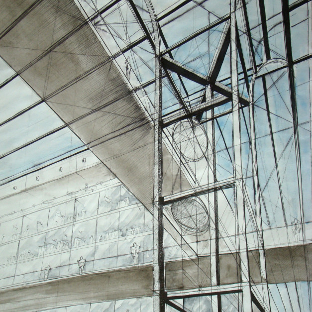 Szkic architektoniczny wnętrza z elementami konstrukcyjnymi, szklanymi fasadami i ludźmi.