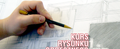 Dłoń trzyma ołówek nad szkicem architektonicznym. Tekst: KURS RYSUNKU ODRĘCZNEGO.