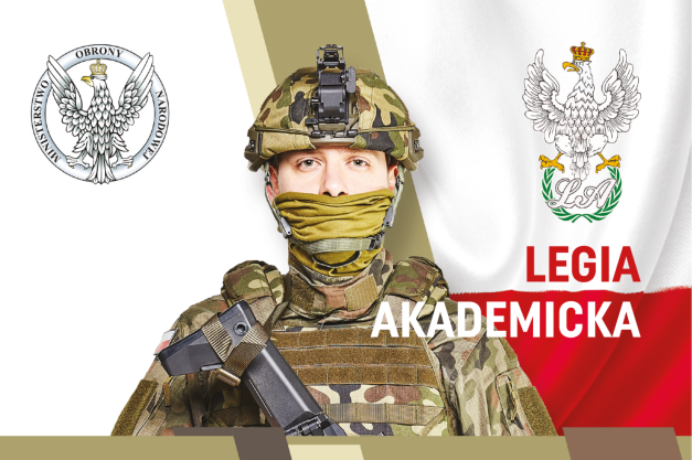 Żołnierz w hełmie i kamizelce taktycznej, z maską na twarzy. Obok godło Polski i napis "LEGIA AKADEMICKA".
