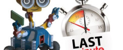 Robot z zabawkami i stoperem z napisem "LAST MINUTE". Kontekst: promocja, oferta.