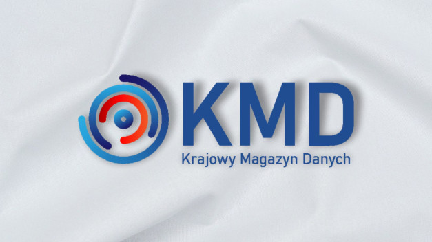 Logo KMD z napisem "Krajowy Magazyn Danych" na białym tle.