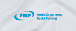 Logo FNP i napis "Fundacja na rzecz Nauki Polskiej" na białym, pofałdowanym tle.