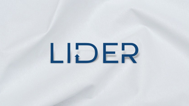 Niebieski napis "LIDER" z zieloną strzałką w literze "D" na białym, pofałdowanym tle.