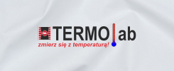 Logo "TERMO lab" z termometrem i hasłem "zmierzyć się z temperaturą!". Kontekst: reklama.