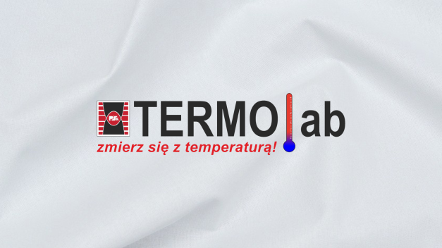 Logo "TERMO lab" z termometrem i hasłem "zmierzyć się z temperaturą!". Kontekst: reklama.