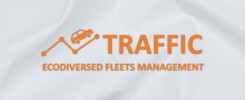 Pomarańczowe logo z samochodem na wykresie i tekstem "TRAFFIC ECO DIVERSED FLEETS MANAGEMENT".