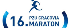 Logo 16. PZU Cracovia Maraton. Kluczowe obiekty: cyfra 16, biegnąca postać, nazwa maratonu. Kontekst: wydarzenie sportowe.