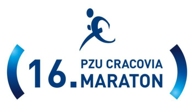 Logo 16. PZU Cracovia Maraton. Kluczowe obiekty: cyfra 16, biegnąca postać, nazwa maratonu. Kontekst: wydarzenie sportowe.