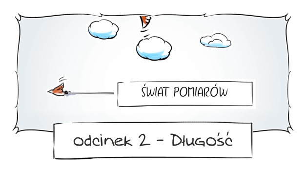 Ptak leci w kierunku napisu "ŚWIAT POMIARÓW". Poniżej napis "odcinek 2 - Długość".