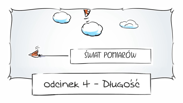 Ptak leci w kierunku napisu "ŚWIAT POMIARÓW". Poniżej napis "odcinek 4 - Długość".