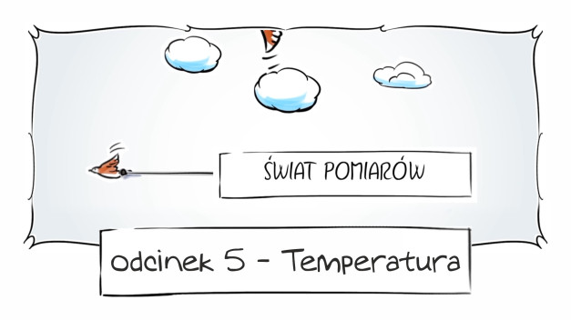 Ptak leci w kierunku napisu "ŚWIAT POMIARÓW". Poniżej widnieje napis "odcinek 5 - Temperatura".