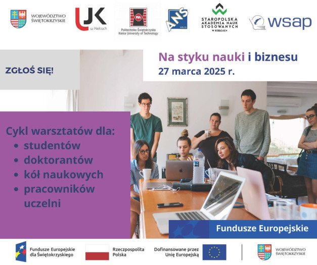 Plakat informuje o warsztatach "Na styku nauki i biznesu" dla studentów, doktorantów, kół naukowych i pracowników uczelni.