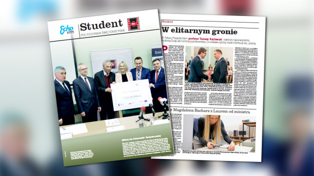 Grupa osób pozuje do zdjęcia z czekiem. Kluczowe obiekty: ludzie, czek, gazeta "Student".