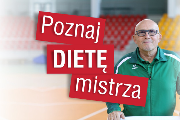 Starszy mężczyzna w zielonej kurtce sportowej, okulary. Napisy: "Poznaj DIETĘ mistrza". Kontekst: sportowy.