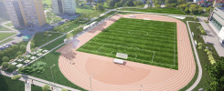 Wizualizacja obiektu sportowego z bieżnią, boiskiem i trybunami. W tle budynki mieszkalne i miejska panorama.