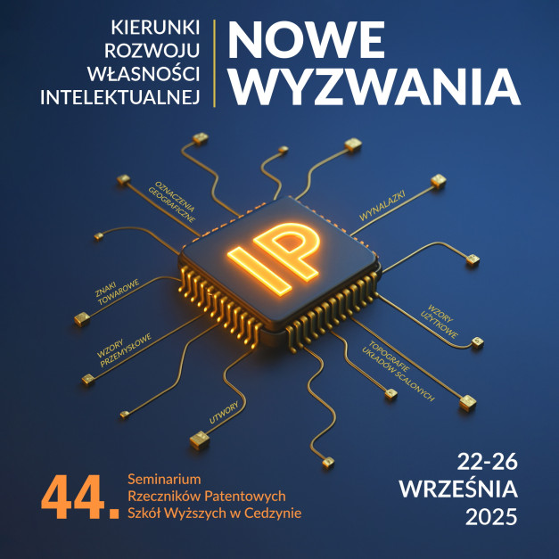Grafika z symbolem IP na procesorze, otoczonym nazwami form własności intelektualnej.