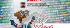 Robot, klawiatura, logo Politechniki Świętokrzyskiej i napis "laboratorium programowania" na tle kodu.