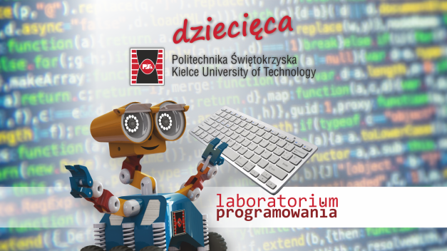 Robot, klawiatura, logo Politechniki Świętokrzyskiej i napis "laboratorium programowania" na tle kodu.