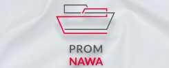 Stylizowany prom w kolorze czerwonym i szarym. Pod spodem napis "PROM NAWA". Kontekst: logo.