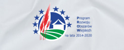 Logo PROW 2014-2020. Kluczowe obiekty: dom, gwiazdy, kłosy, pola. Kontekst: program rozwoju obszarów wiejskich.