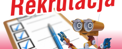 Grafika promuje rekrutację na Politechnice Świętokrzyskiej. Widoczne są: robot, lista kontrolna, długopis, znak STOP.