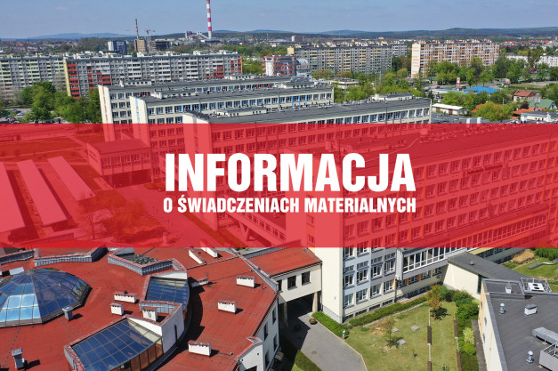 Widok z lotu ptaka na budynki uczelni i osiedle mieszkaniowe. Napis: INFORMACJA O ŚWIADCZENIACH MATERIALNYCH.