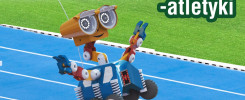 Robot na bieżni lekkoatletycznej, obok logo Politechniki Świętokrzyskiej. Kontekst: promocja sekcji lekkoatletycznej.