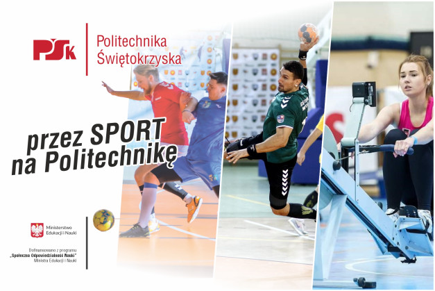 Sportowcy w akcji: piłkarz ręczny, biegacz, wioślarka. Logo Politechniki Świętokrzyskiej.