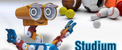Robot i sprzęt sportowy na tle logo Politechniki Świętokrzyskiej. Kontekst: "Studium Zdrowia i Sportu".