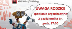 Robot z kluczem i napis "UWAGA RODZICE spotkanie organizacyjne 2 października br. godz. 17:00". Politechnika Świętokrzyska.
