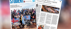 Grupa ludzi z robotami i flagami, na tle czasopisma "STUDENT". Kontekst: wydarzenie naukowe lub zawody robotyczne.