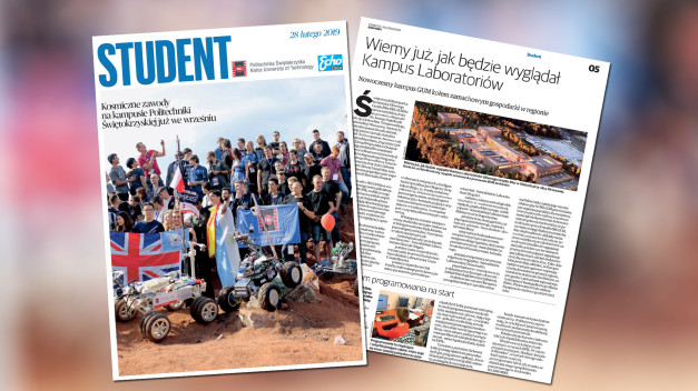 Grupa ludzi z robotami i flagami, na tle czasopisma "STUDENT". Kontekst: wydarzenie naukowe lub zawody robotyczne.