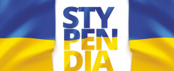 Flaga Ukrainy z napisem #FORUKRAINE. Słowo "STYPENDIA" napisane w kolorach flagi.