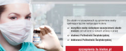 Rejestracja na szczepienie przeciw COVID-19 dla Politechniki Świętokrzyskiej. Wizerunek medyka z preparatem.