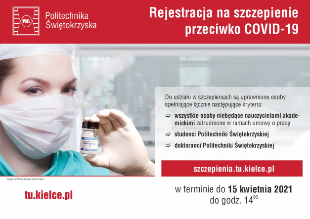 Rejestracja na szczepienie przeciw COVID-19 dla Politechniki Świętokrzyskiej. Wizerunek medyka z preparatem.