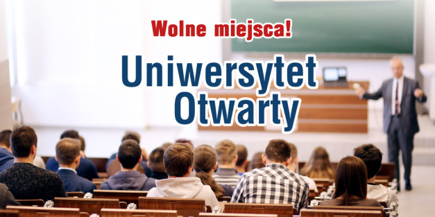 Wolne miejsca! Uniwersytet Otwarty. Sala wykładowa z wykładowcą i studentami.