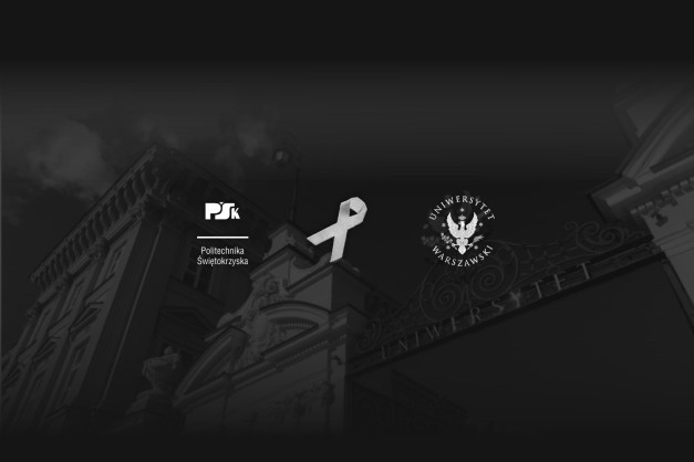 Logotypy Politechniki Świętokrzyskiej i Uniwersytetu Warszawskiego, biała wstążka.
