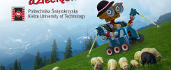 Robot w górskim krajobrazie, obok owiec. Logo Politechniki Świętokrzyskiej.