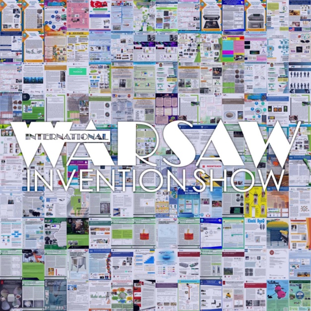 Warsaw International Invention Show. Wiele plakatów z prezentacjami wynalazków.