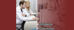 Dwie osoby w kitlach pracują przy komputerze. Obok sprzęt laboratoryjny i tekst "architektura budownictwo".