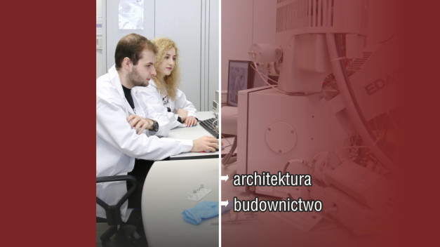 Dwie osoby w kitlach pracują przy komputerze. Obok sprzęt laboratoryjny i tekst "architektura budownictwo".