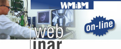 Naukowcy w laboratorium, monitory z obrazami mikroskopowymi, tekst "webinar on-line".